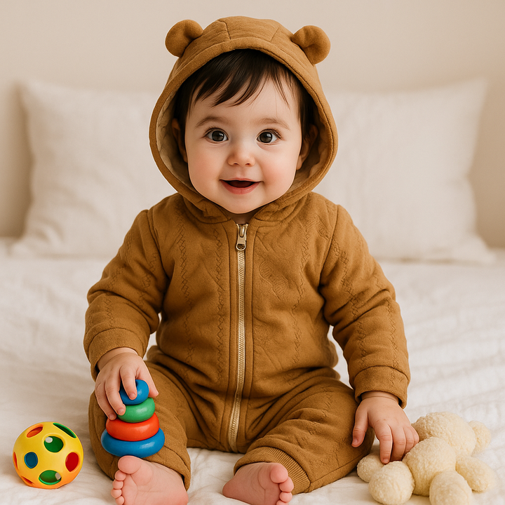 BABA GARMENTS WINTER HOODED ROMPER BEAR BROWN(9-12M)