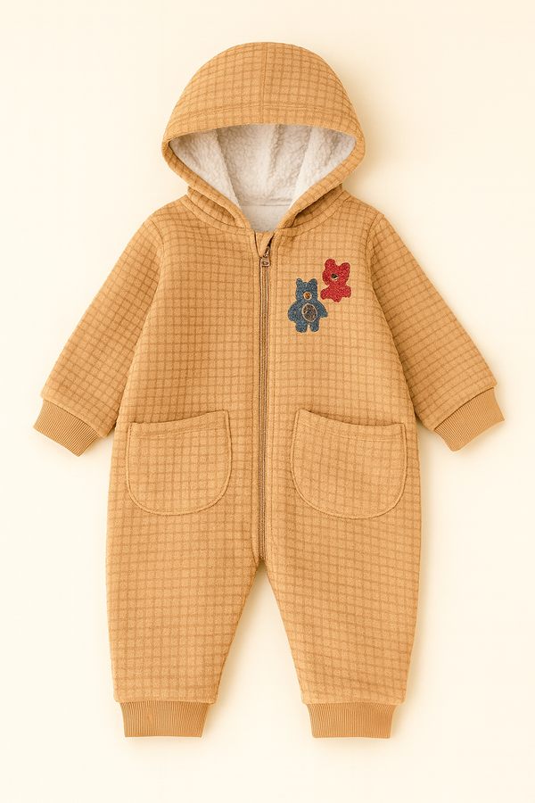 BABA GARMENTS KIDS FLEECE HOODED ROMPER BEAR BROWN 9-12M