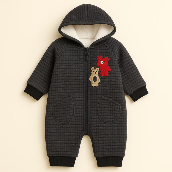 BABA GARMENTS KIDS FLEECE HOODED ROMPER BEAR BLACK 9-12M