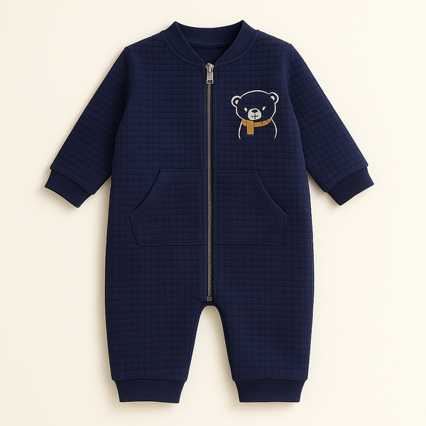 BABA GARMENTS KIDS FLEECE ROMPER BEAR NAVY BLUE 9-12M