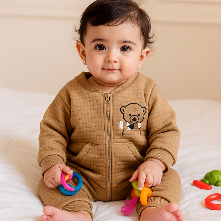 BABA GARMENTS KIDS FLEECE ROMPER BEAR BROWN 9-12M