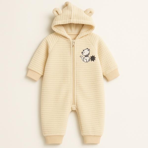 BABA GARMENTS KIDS FLEECE HOODED ROMPER CAT BEIGE 9-12M