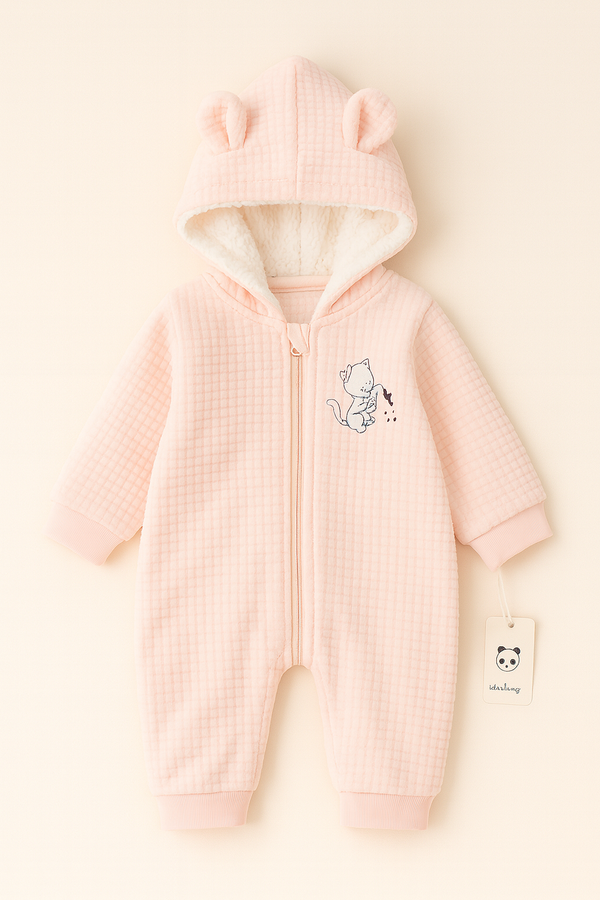 BABA GARMENTS KIDS FLEECE HOODED ROMPER CAT PINK 6-9M