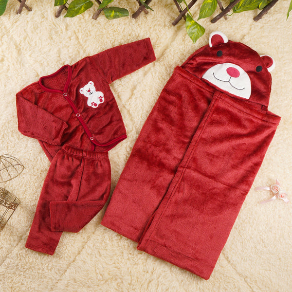 LITTLE STAR BABY FUR 3PCS SET SUIT+WRAPING SHEET BEAR MAROON