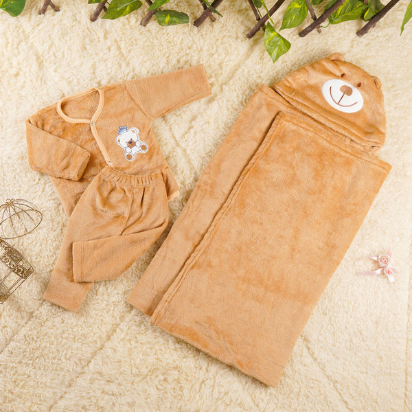 LITTLE STAR BABY FUR 3PCS SET SUIT+WRAPING SHEET BEAR BROWN