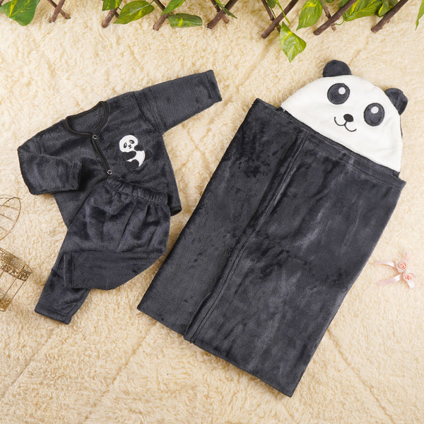 LITTLE STAR BABY FUR 3PCS SET SUIT+WRAPING SHEET PANDA BLACK