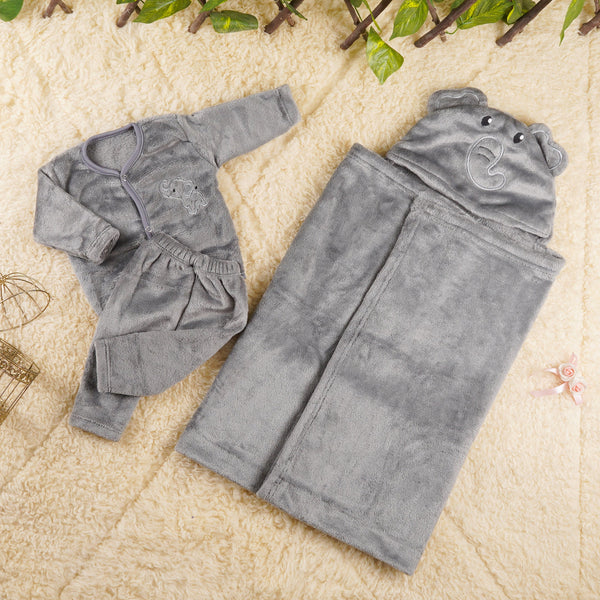 LITTLE STAR BABY FUR 3PCS SET SUIT+WRAPING SHEET ELEPHANT GREY