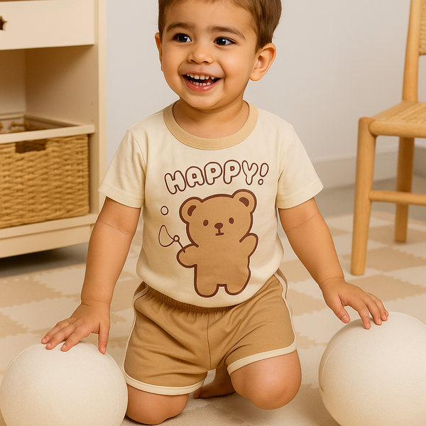 Kids T-shirt & Short Set Happy Bear Beige - Mini Charm