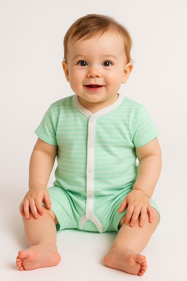 Baby Short-Body Cotton Romper Stripes Green - Mini Charm