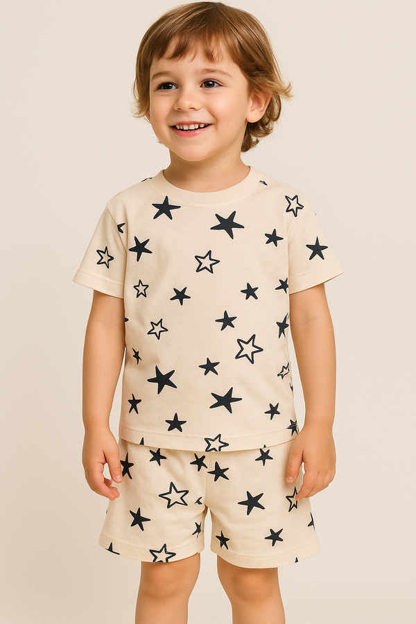 Kids T-shirt & Short Set Stars Beige & Black - Mini Charm