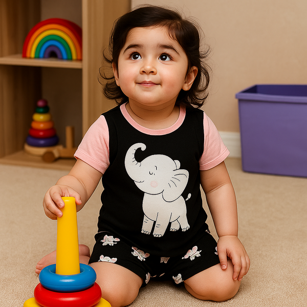 Printed Shirt & Short Set Elephant Black & Pink - Sunshine