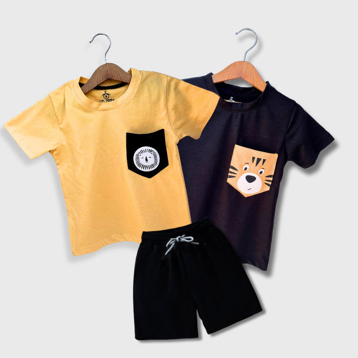 Tiny Trendz Kids Sunny Lion Cub Doodle & Cheeky Tiger Cub Pocket Tee Set With Shorts Mango Yellow & Black