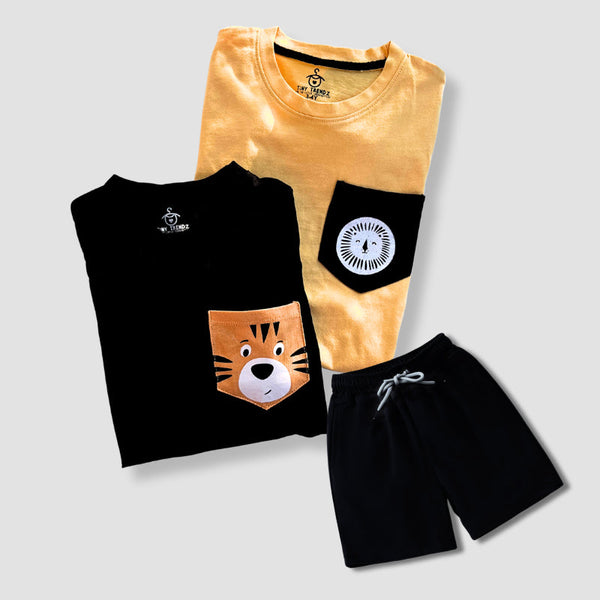 Tiny Trendz Kids Sunny Lion Cub Doodle & Cheeky Tiger Cub Pocket Tee Set With Shorts Mango Yellow & Black