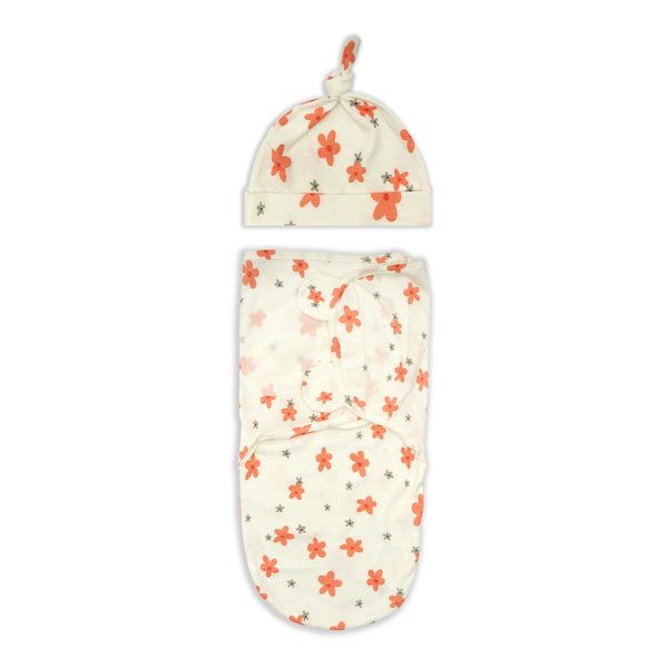 Baby Adjustable Swaddle With Cap Flower White (0-6 Months) - Sunshine