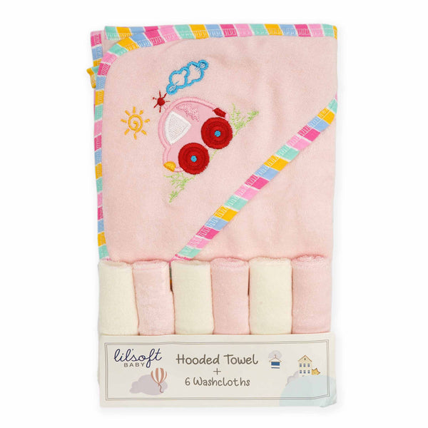 Little Star Baby Hooded Towel With 6Pcs Washcloths Pink