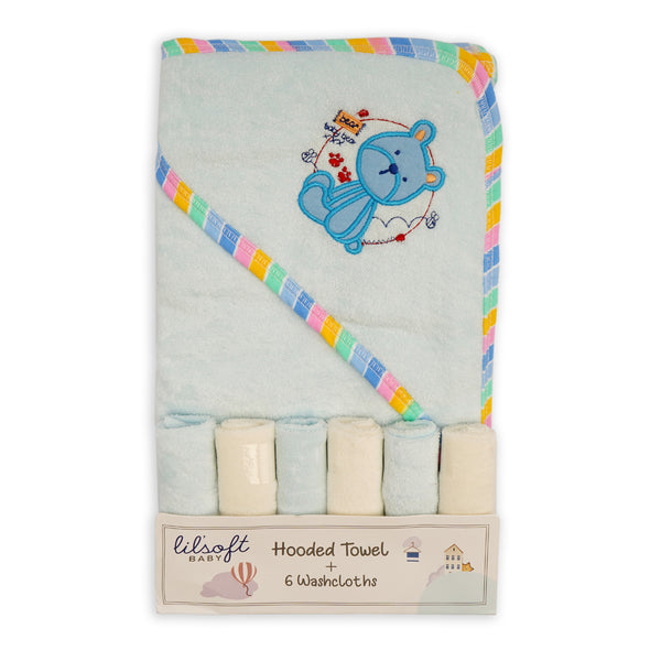 Little Star Baby Hooded Towel With 6Pcs Washcloths Sky Blue