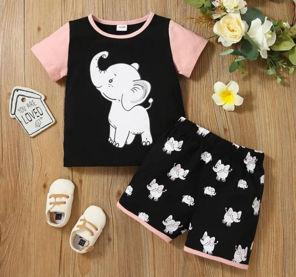 Printed Shirt & Short Set Elephant Black & Pink - Sunshine