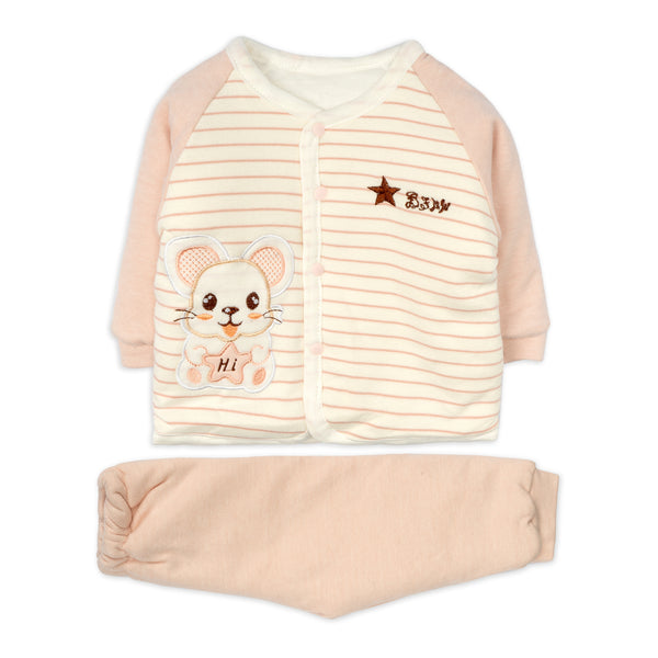 Little Sparks Baby Fleece Shiet & Trouser Set Stripes Mice Beige (0-3 Months)