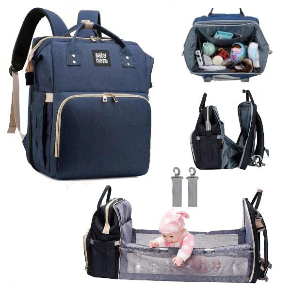 4In1 Multi-Purpose Baby Diapers Bag (Waterproof) With Portable Bed Navy Blue - Sunshine