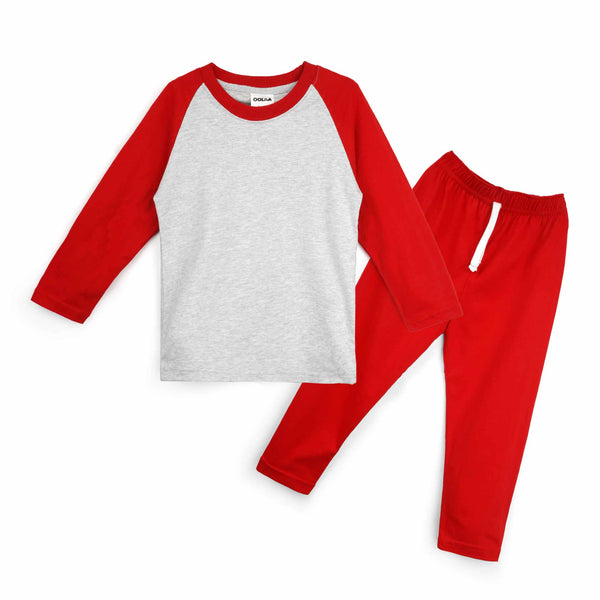Oolaa Kids Raglan Full Sleeves Pajama Set Grey & Red