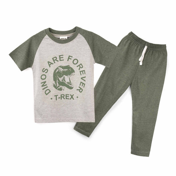 Oolaa Kids Raglan Half Sleeves Printed Pajama Set Dino Green