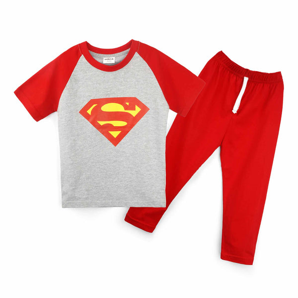 Kids Raglan Half Sleeves Printed Pajama Set Superman Grey & Red - Mini Charm