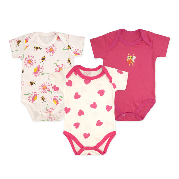Junior Baby Pack Of 3 Short Sleeve Bodysuit Butterfly Pink