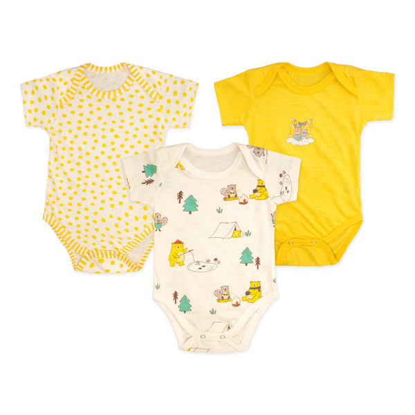 Junior Baby Pack Of 3 Short Sleeve Bodysuit Bear Yellow